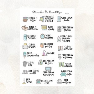 May include: A sticker sheet featuring illustrated cleaning tasks with accompanying text. Images include a kettle, medicine cabinet, doors, a fridge, a washing machine, a toaster, and more. Text includes phrases such as "Descale Kettle" and "Deep Clean Fridge."