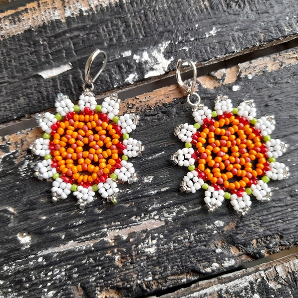 Daisy Beaded Earrings White Broun Beadwork Jewelry Marguerite Seed Beed Earrings