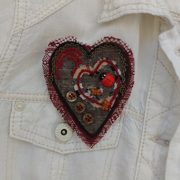 Fabric Dress Heart Brooch With Ladybug Butterflies And Buttons Textile Mixed Media Brooch  Wearable Art Handmade Lapel Pin Assemblage