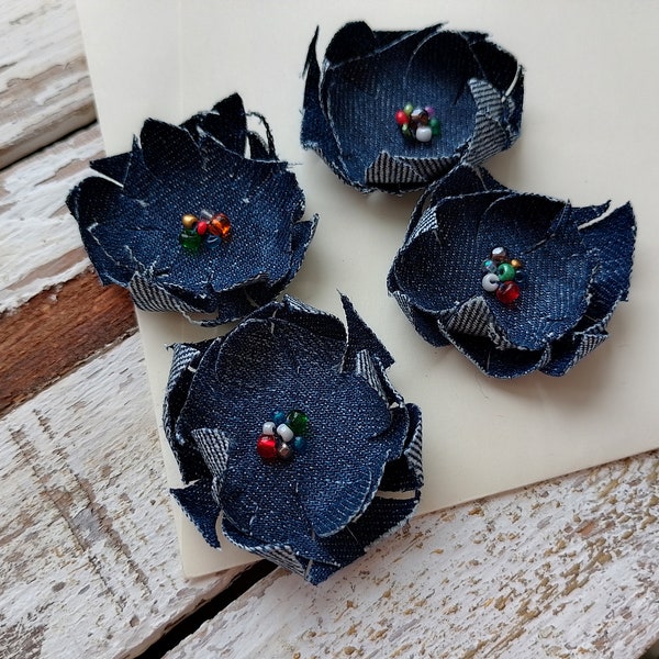 Blue Denim Flower Appliques Handmade Appliques Scrapbooking Cardmaking Party Home Decorations Clothes Appliques Set of 4