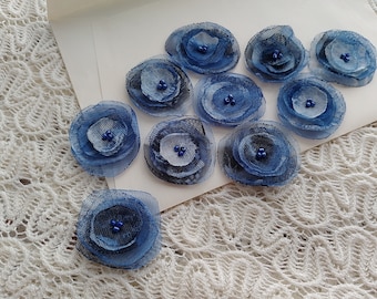 Blue Tulle Flower Appliques Handmade Appliques Scrapbooking Cardmaking Party Home Decorations Clothes Appliques Set of 10