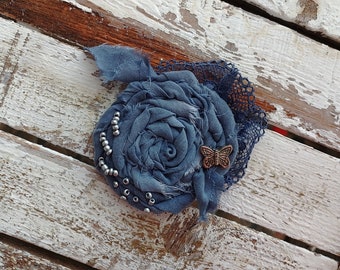Blue Rose Art Handmade Textile Mixed Media Brooch Denim Fabric Wearable Flower