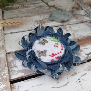 Denim Flower Brooch With Butterflies And Beads