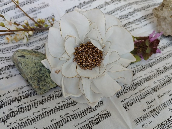 White Fabric Flower Brooch Shabby Shic Flower Pin Silk Dress