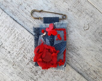 Red DenimTextile Mixed Media Brooch Fabric Handstitched Wearable Art Handmade Assemblage Embroidery Hand Stitched Brooch