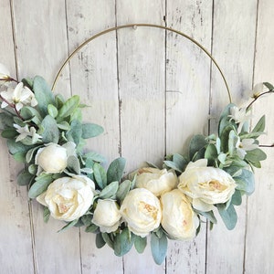 White Peony Summer Hoop Wreath For Front Door, Peony Hoop Wreath For Nursery, Girl's Room Wall Décor, Modern Farmhouse Wreath Lamb's Ear