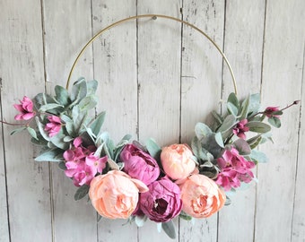 Pink Peony Modern Hoop Wreath For Front Door Floral Wreath, Modern Farmhouse Lamb's Ear Wreath, Indoor Wreath for Wall Decor, Gift for Wife