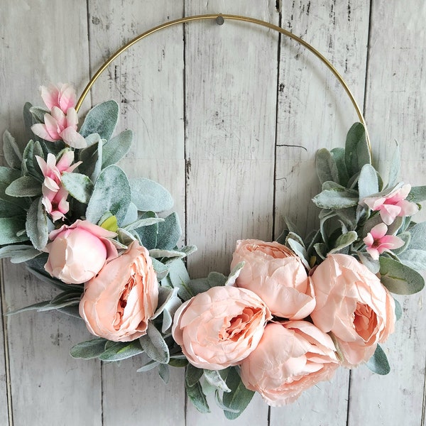 Pink Peony Hoop Wreath for Front Door Summer Wreath, Modern Nursery Decor Peony Wreath, Farmhouse Wreath with Peony Flowers, Birthday Gift