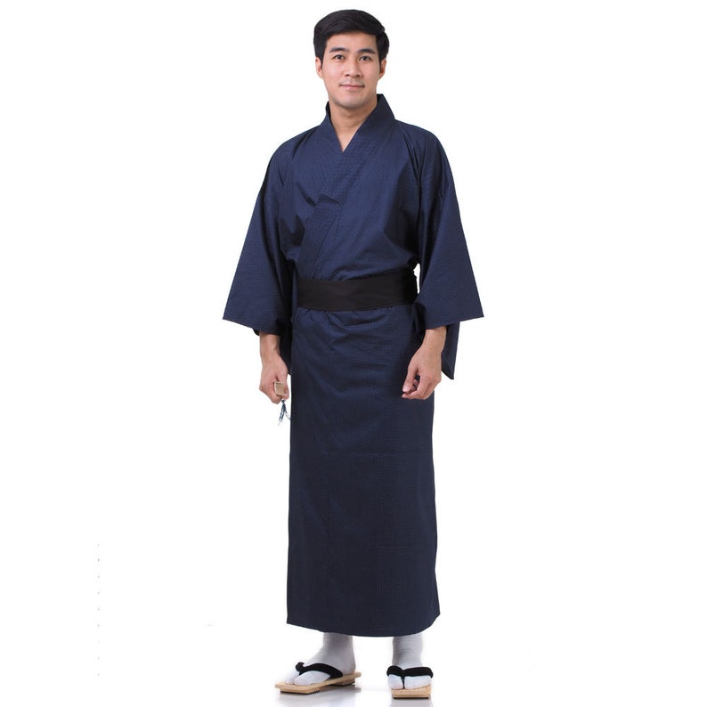 Traditional Japanese Samurai Yukata Kimono Obi Wokou Unisex for Men and Women Vegan Cotton Blue