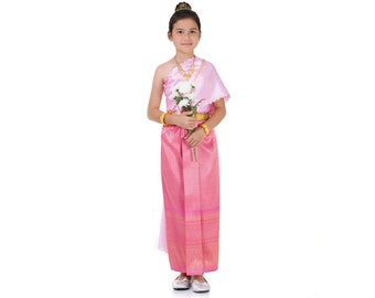 Traditionelles Thai Lao Khmer Mädchen Loi Krathong Kleid Chut Chakkri >Wickelrock (Pha Nung) + Satin Wickeltop mit Schärpe (Sabai) + Gürtel