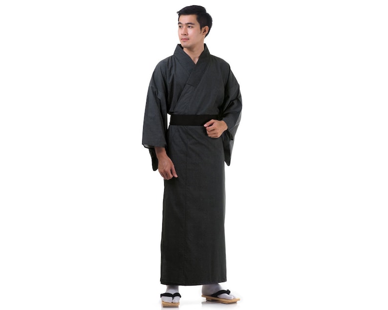Traditional Japanese Samurai Yukata Kimono Obi Wokou Unisex for Men and Women Vegan Cotton Black
