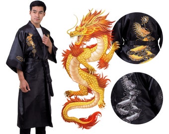 Embroidered Vintage Dragon Samurai Reversible Kimono Robe Dressing Gown + Obi for Men and Women Black & Black Made of Satin