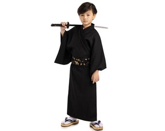 Traditional Japanese Samurai Yukata Kimono Outfit + Obi for Kids - Unisex for Boys and Girls Made from Polyester Satin