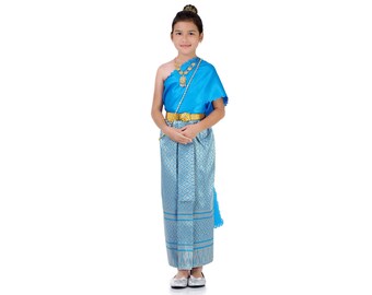 Traditional Thai Lao Khmer Girl Wedding Loi Krathong Dress Chut Chakkri > wrap skirt (Pha Nung) + wrap top with long sash (Sabai) + belt