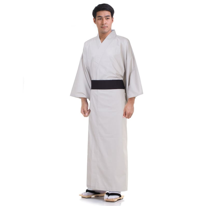 Traditional Japanese Samurai Yukata Kimono Obi Wokou Unisex for Men and Women Vegan Cotton Grey