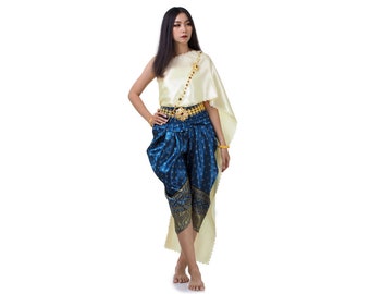 Traditional Thai Woman Costume Lao Khmer Wedding Loi Loy Krathong Dress > harem pants (Chong Kraben) + wrap top long sash (Sabai) + belt