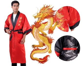 Brodé vintage Dragon Samurai réversible Kimono Morgenmatel Obi pour hommes et femmes rouge et noir en satin