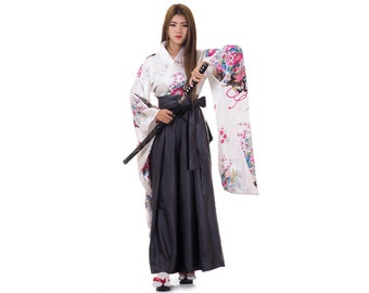 Traditional Japan Woman Geisha Samurai Warrior Kimono Outfit Costume Hanfu Dress Maiko Made of Cotton & Satin