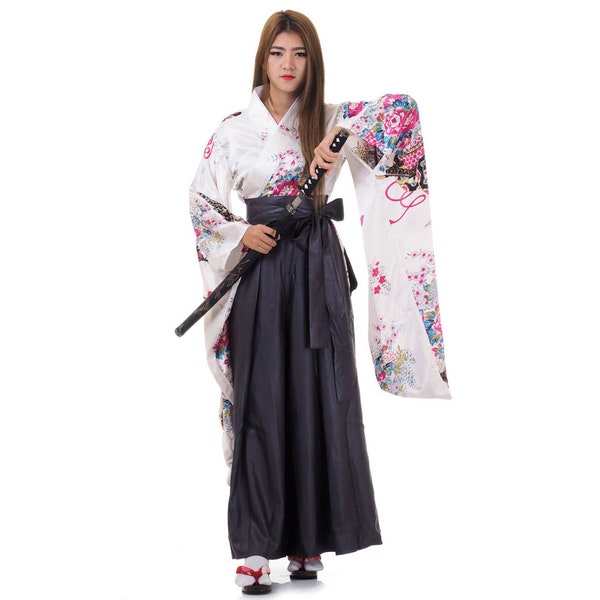 Traditional Japan Woman Geisha Samurai Warrior Kimono Outfit Costume Hanfu Dress Maiko Made of Cotton & Satin