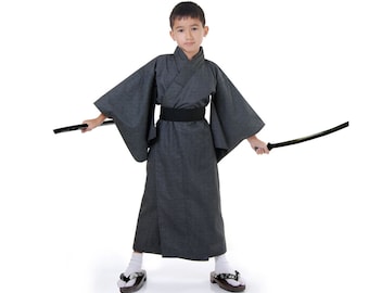 Traditional Japanese Samurai Yukata Kimono Outfit + Obi for Kids - Unisex for Boys and Girls Made from Vegan Cotton