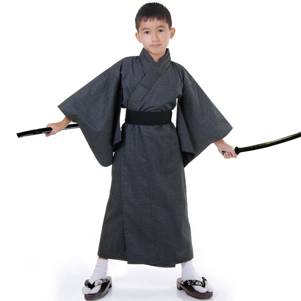 Traditional Japanese Samurai Yukata Kimono Outfit + Obi for Kids - Unisex for Boys and Girls Made from Vegan Cotton