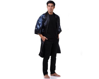 Embroidered Vintage Dragon Samurai Reversible Kimono Robe Dressing Gown + Obi for Men and Women Dark Blue & Black Made of Satin