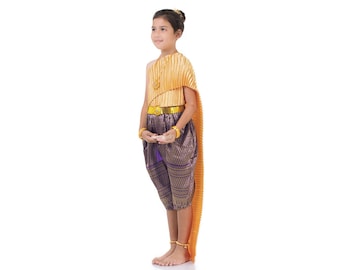 Traditional Thai Costume Lao Khmer Girl Wedding Loi Loy Krathong Dress > harem pants (Chong Kraben) + wrap top with long sash (Sabai) + belt