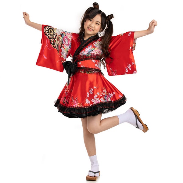 Enfants traditionnels geisha japonais kimono costume Asie robe de princesse obi pour Helloween + carnaval + cosplay satin