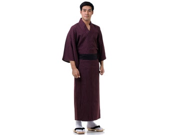 Kimono tradicional japonés Samurai Yukata + Obi "Sensei" unisex para hombre y mujer confeccionado en algodón vegano con telas a rayas