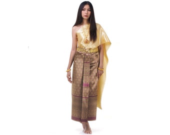 Robe traditionnelle thaïlandaise Lao Khmer Loi Krathong Chut Chakkri > Jupe portefeuille en soie (Pha Nung) + Haut portefeuille en satin avec ceinture (Sabai) + Ceinture