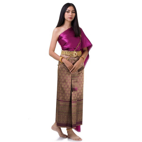 Traditional Thai Lao Khmer Woman Wedding Dress Chut Chakkri > 3 pieces: Thai wrap skirt (Pha Nung) + wrap top with long sash (Sabai) + belt.