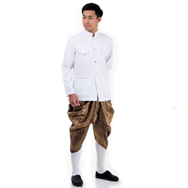 Tenue de mariage traditionnelle thaïlandaise pour hommes, costume Lao Khmer Loi Krathong > maximum 2 pièces = sarouel Chong Kraben + chemise Sabei