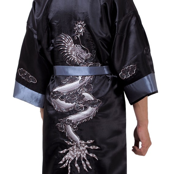 Geborduurde Vintage Dragon Samurai Omkeerbare Kimono Morning Coat Obi voor mannen en vrouwen goud & zwart satijn Kleding Gender-neutrale kleding volwassenen Pyjamas & Badjassen Jurken 