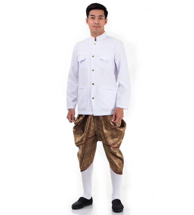 Tenue de mariage traditionnelle thaïlandaise pour hommes, costume Lao Khmer Loi Krathong maximum 2 pièces sarouel Chong Kraben chemise Sabei image 2