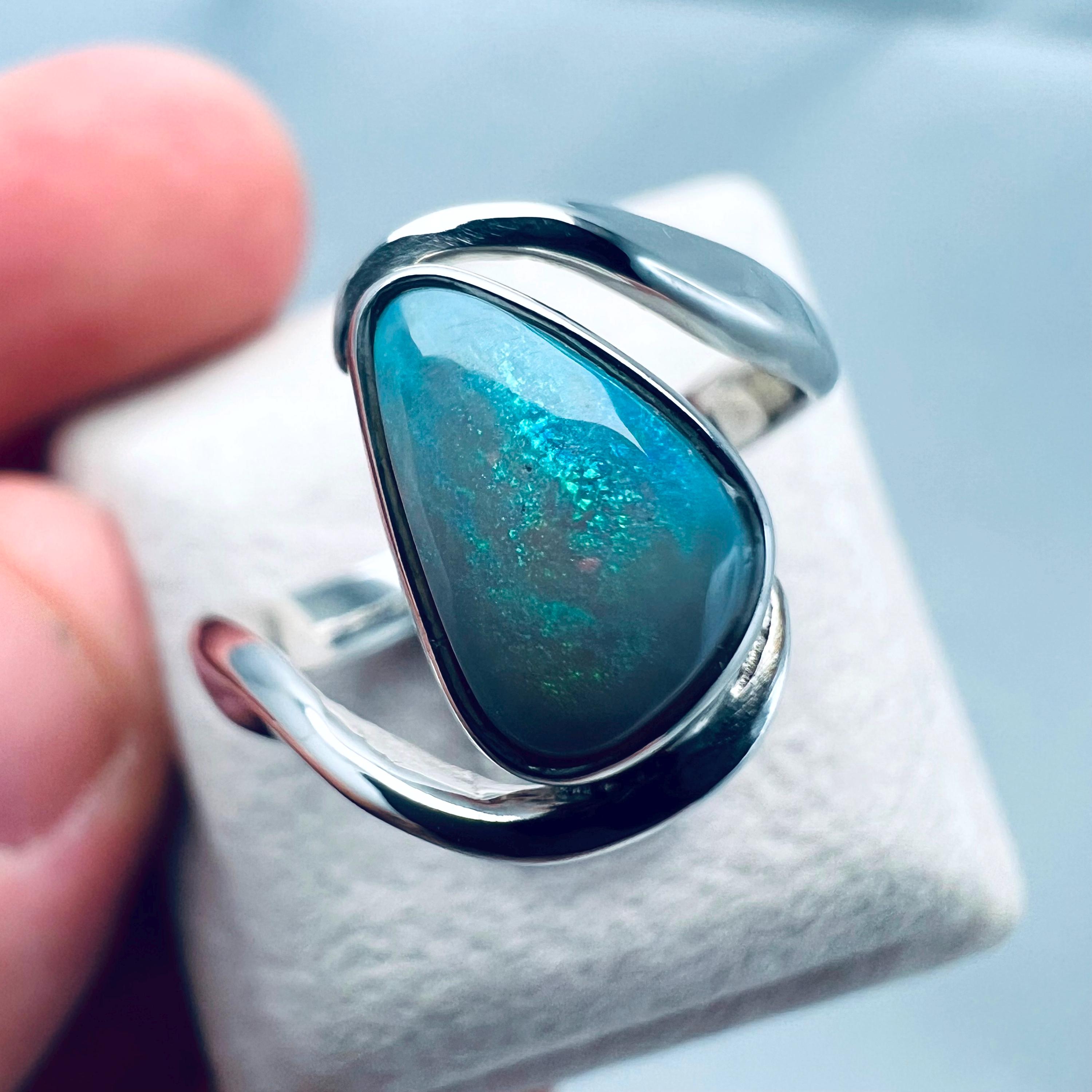 Bague Opale Lightning Ridge Australie - Argent 999, Taille 57, Naturelle, Neuf Avec étiquettes