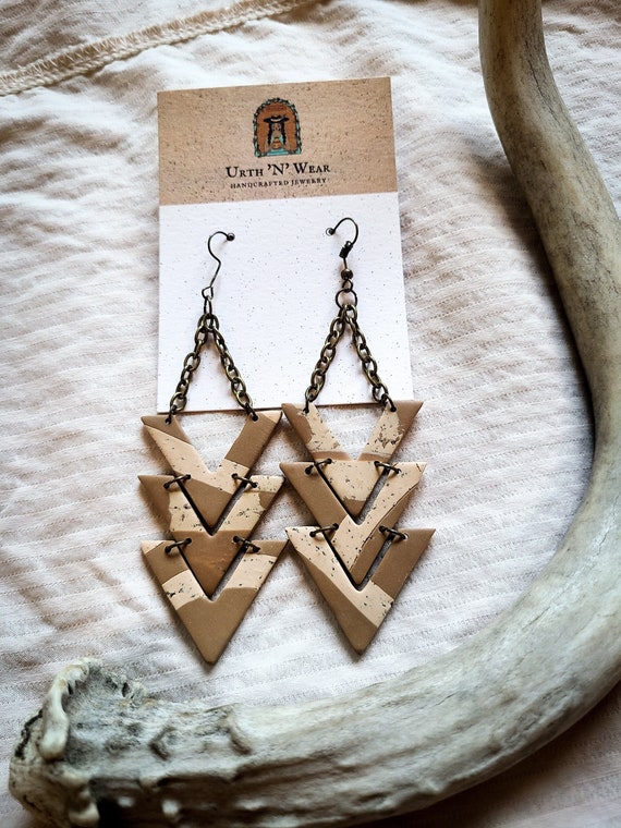 Neutral Clay Earrings Statement Earrings Aztec Clay Earrings Orange Aztec Earrings Clay Dangle Earrings Aztec Inspired Earrings