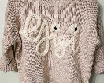 Personalized Hand Embroidered Sweater- cream sweater- personalized sweater- oversized sweater- baby gift- toddler gift