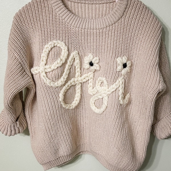 Personalized Hand Embroidered Sweater- cream sweater- personalized sweater- oversized sweater- baby gift- toddler gift