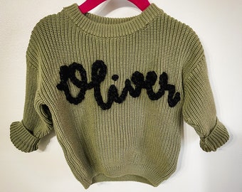 Personalized Hand Embroidered Sweater- Olive sweater- personalized sweater- oversized sweater- baby gift- toddler gift