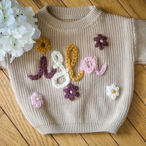 Personalized Hand Embroidered Sweater- EXTRA FLOWERS/ HEARTS -personalized sweater- oversized sweater- baby gift- toddler gift