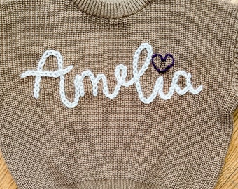 Personalized Hand Embroidered Sweater- mocha sweater- personalized sweater- oversized sweater- baby gift- toddler gift