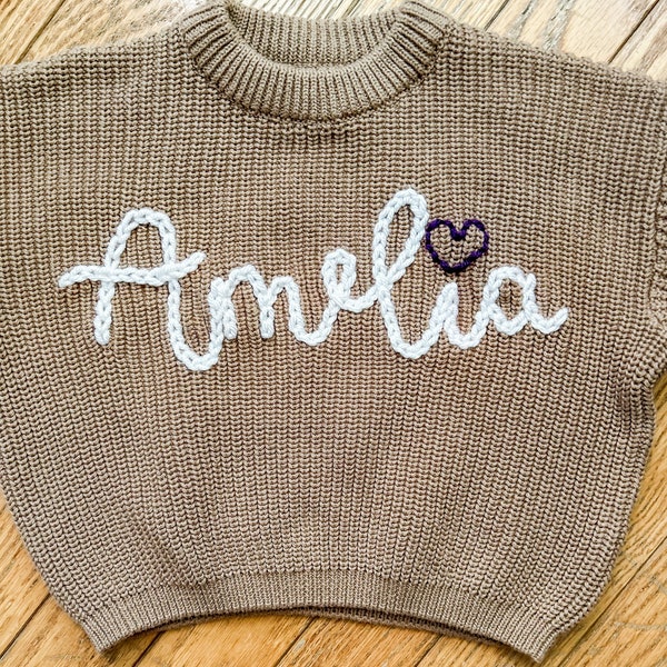 Personalized Hand Embroidered Sweater- mocha sweater- personalized sweater- oversized sweater- baby gift- toddler gift