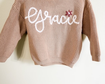 Personalized Hand Embroidered Sweater- Beige sweater- personalized sweater- oversized sweater- baby gift- toddler gift