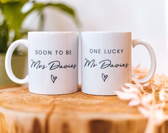 Personalised Engagement Gift, His & Hers Printed Mugs, Bespoke Engaged Gift Ideas, Set Of 2 Ceramic Mugs, 'Soon To Be Mrs'  Bride To Be Mug