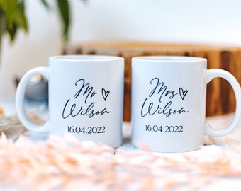 Personalised Wedding Gift, Mr & Mrs Mugs, Wedding Present, Bespoke Couples Gifts, Newley Weds Gift, Set of 2 Mugs, Bridal Shower, Engagement