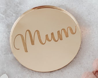 Mum Mirror Cake Charm, Happy Birthday Mum Gift Tag,  Engraved Mirror Acrylic Charms, Mum Cupcake Toppers, Luxury Present Birthday Tags