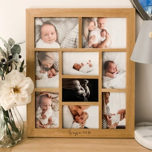 Engraved Wood Multi Frame, Personalised Aperture Photo Frame, Solid Oak Picture Frames, New Baby, Family Frame, 9 Photo&#39;s Frame, Gift Ideas