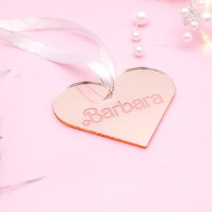 Girl's Personalised Heart Bauble, Rose Gold Engraved Hanging Decoration, Keepsake Ornament, Girlfriend, Barbie Inspired, Heart Name Tag