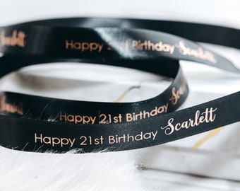 Happy Birthday Personalised Ribbon, Milestone Birthday, 16th, 21st, 50th, 80th, Gift Decoration, Luxury Gift Wrapping, 15mm Present Ribbon