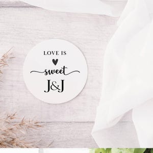 Love is sweet personalised wedding favour labels, custom label, sweet trolley, cart stickers, sweetie bags, treat bags, engagement stickers